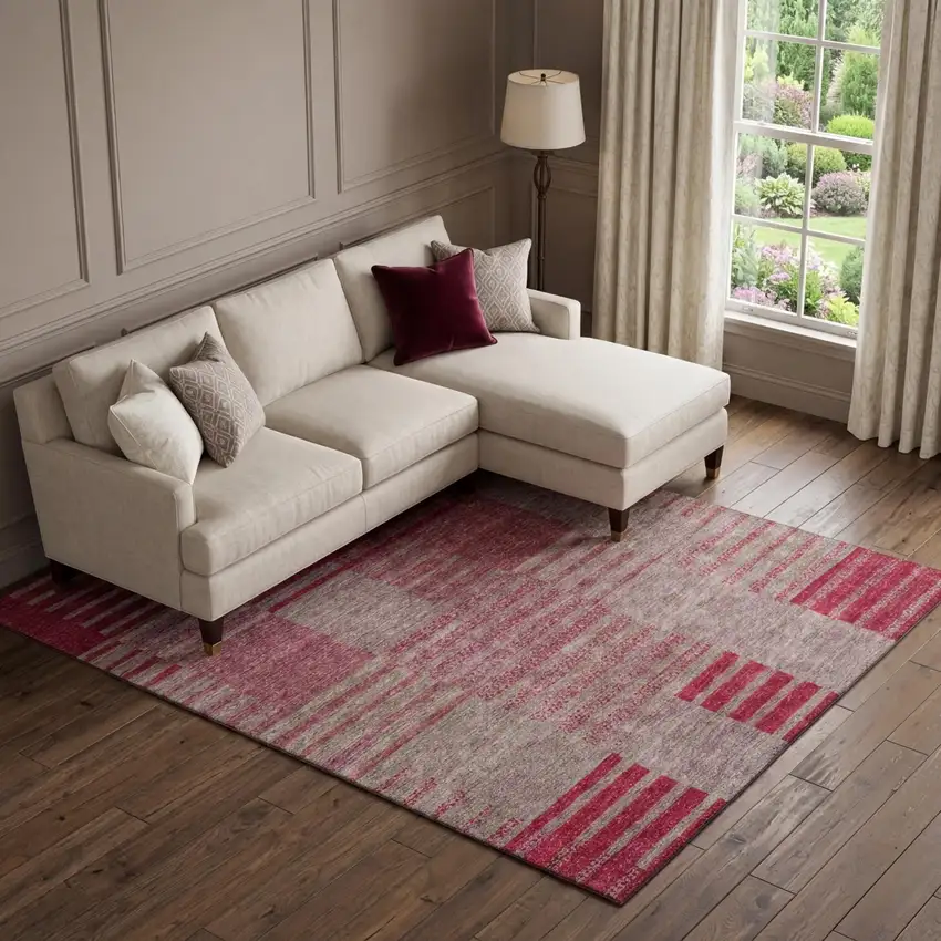 Burgundy And Gray Striped Washable Area Rug With UV Protection Photo 1