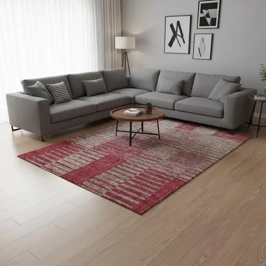 Burgundy And Gray Striped Washable Area Rug With UV Protection Photo 2