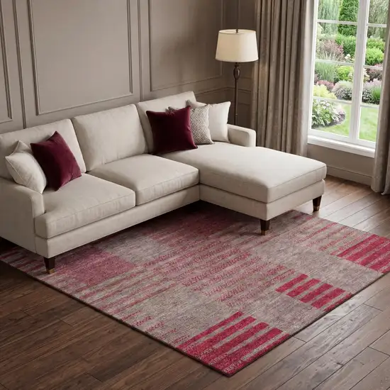 Burgundy And Gray Striped Washable Area Rug With UV Protection Photo 1