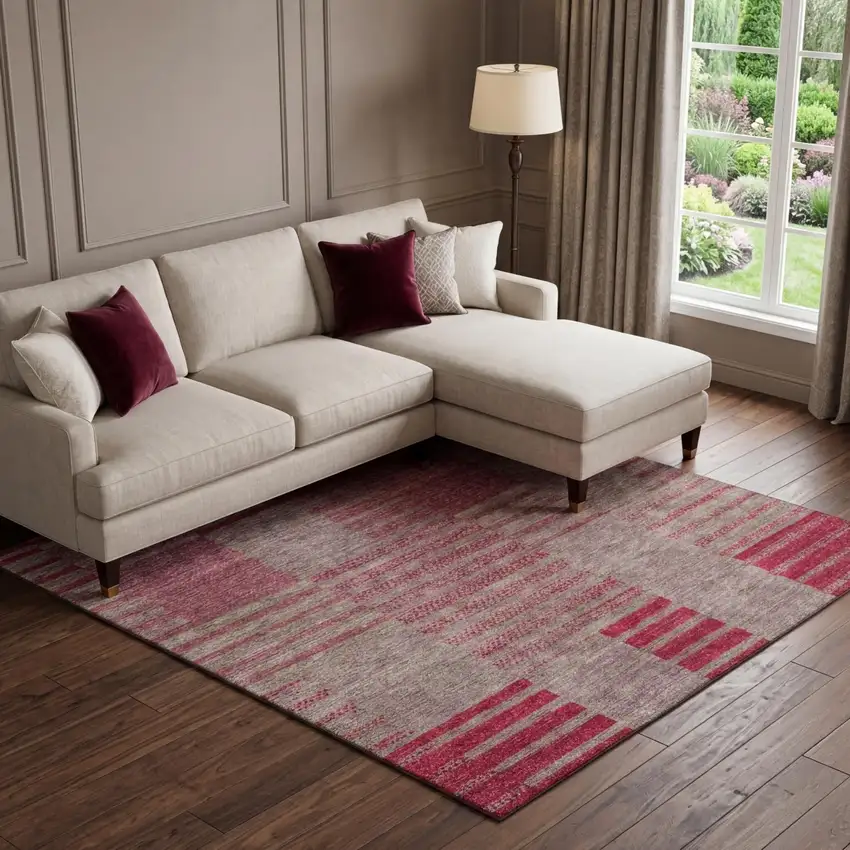 Burgundy And Gray Striped Washable Area Rug With UV Protection Photo 1
