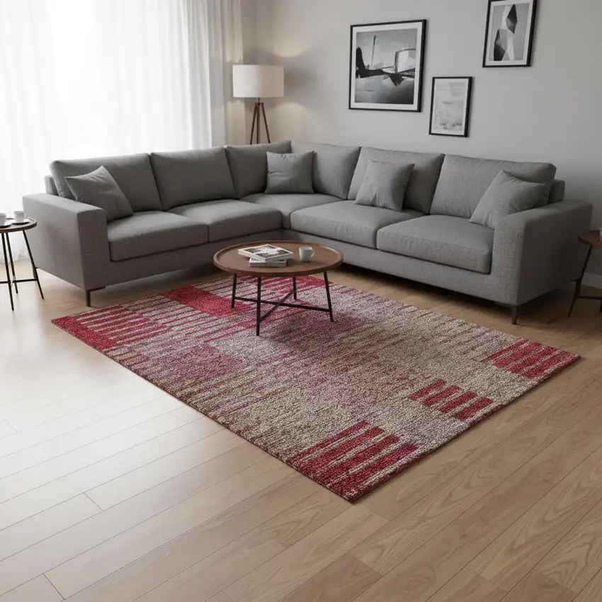 Burgundy And Gray Striped Washable Area Rug With UV Protection Photo 2