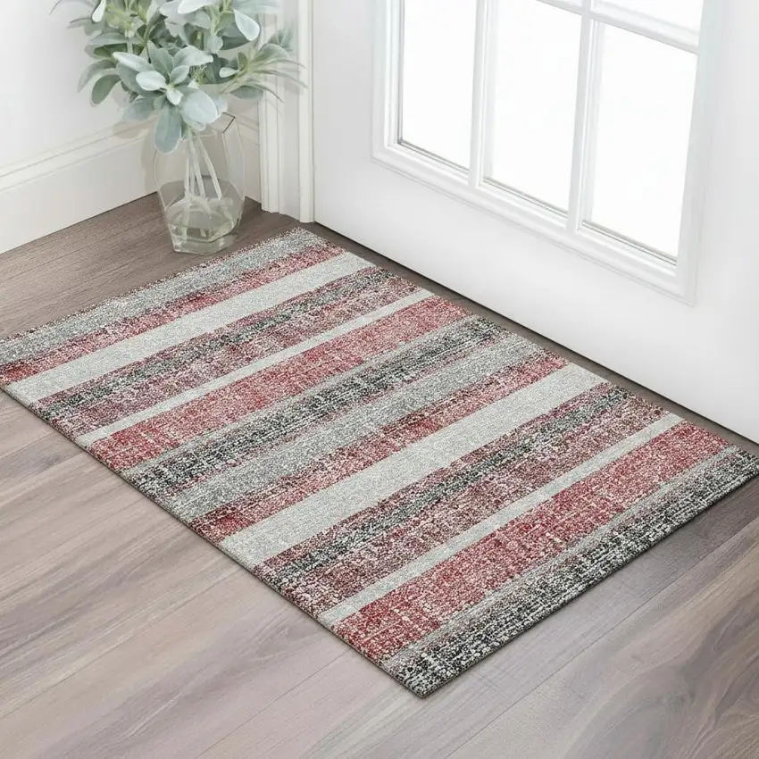 Burgundy And Gray Striped Washable Area Rug With UV Protection Photo 2