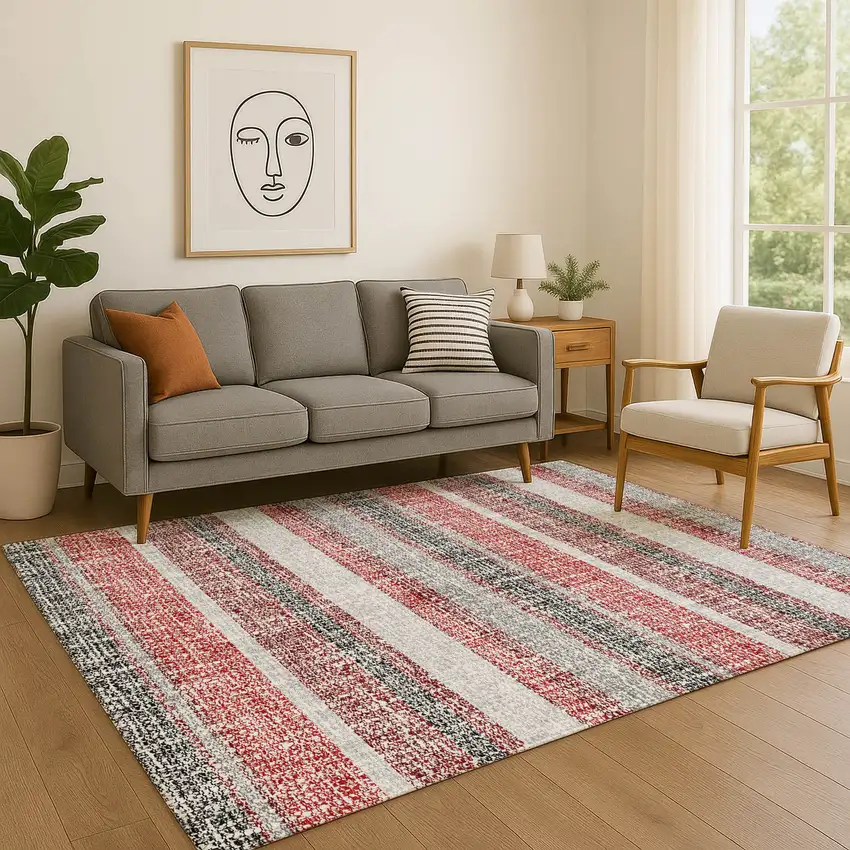 Burgundy And Gray Striped Washable Area Rug With UV Protection Photo 5