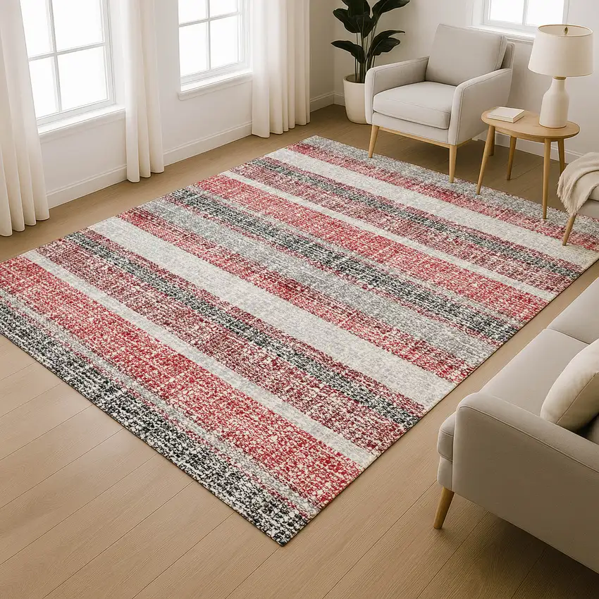 Burgundy And Gray Striped Washable Area Rug With UV Protection Photo 6