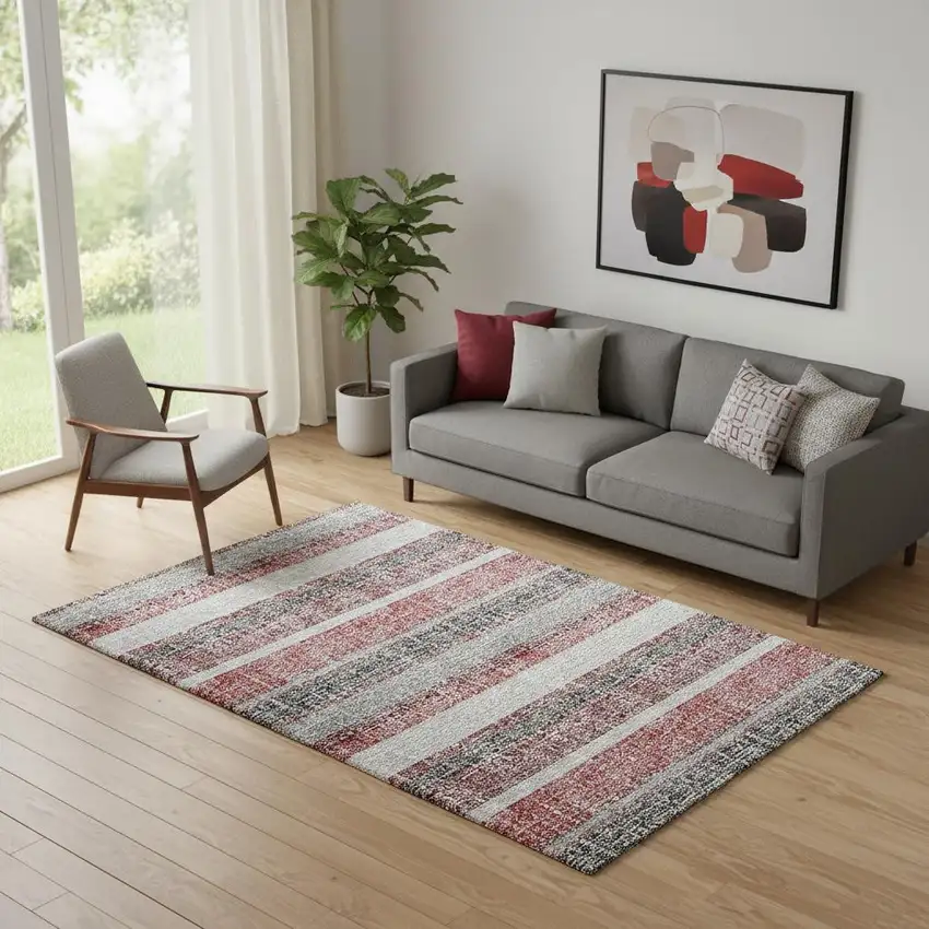 Burgundy And Gray Striped Washable Area Rug With UV Protection Photo 2