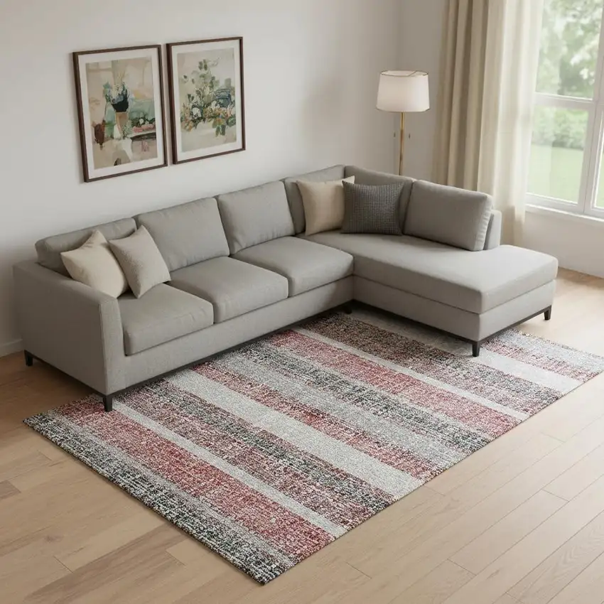 Burgundy And Gray Striped Washable Area Rug With UV Protection Photo 2