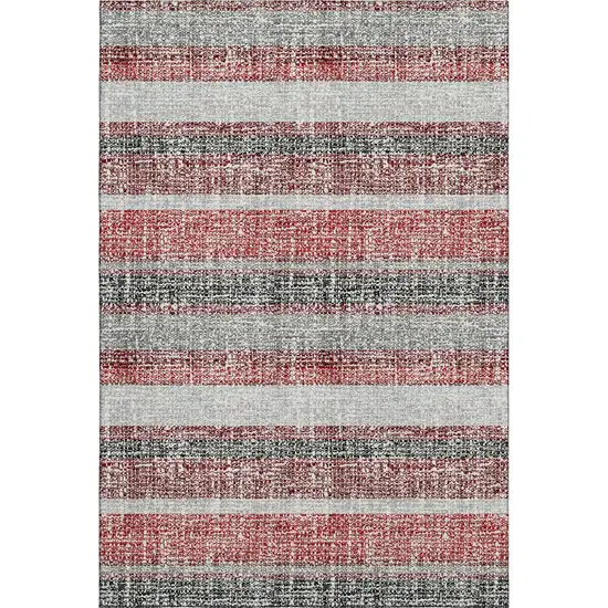 Burgundy And Gray Striped Washable Area Rug With UV Protection Photo 1