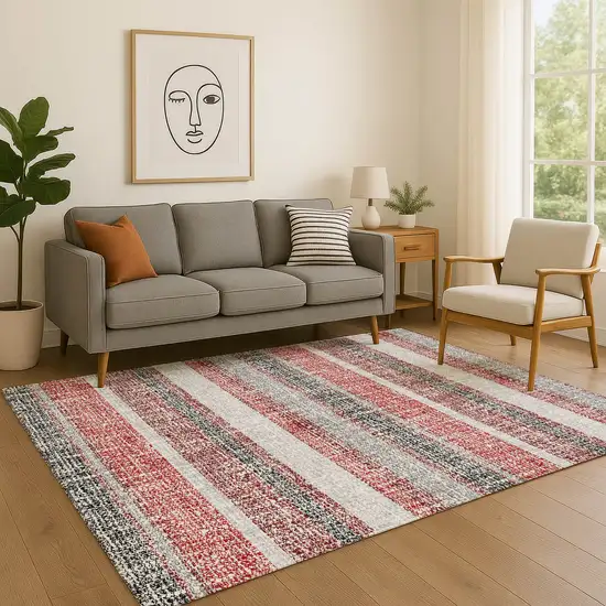 Burgundy And Gray Striped Washable Area Rug With UV Protection Photo 5