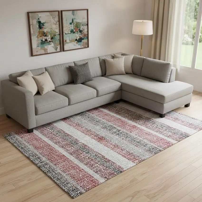 Burgundy And Gray Striped Washable Area Rug With UV Protection Photo 2