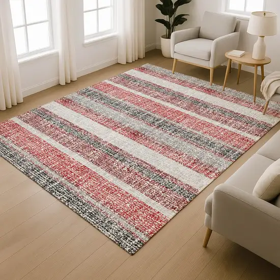 Burgundy And Gray Striped Washable Area Rug With UV Protection Photo 6