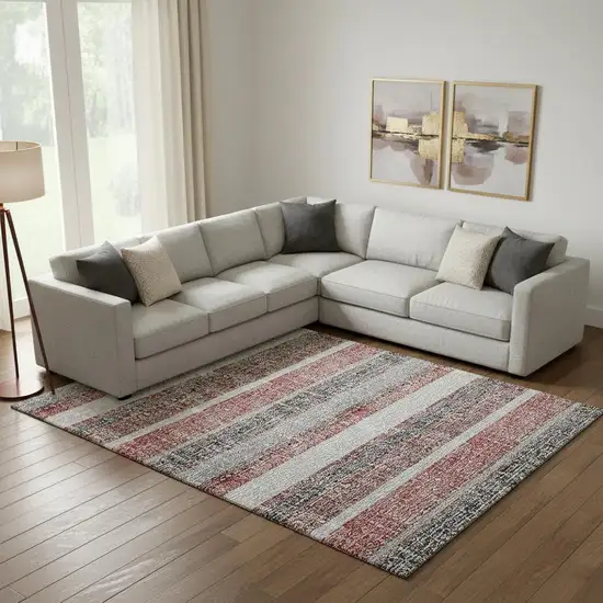 Burgundy And Gray Striped Washable Area Rug With UV Protection Photo 2