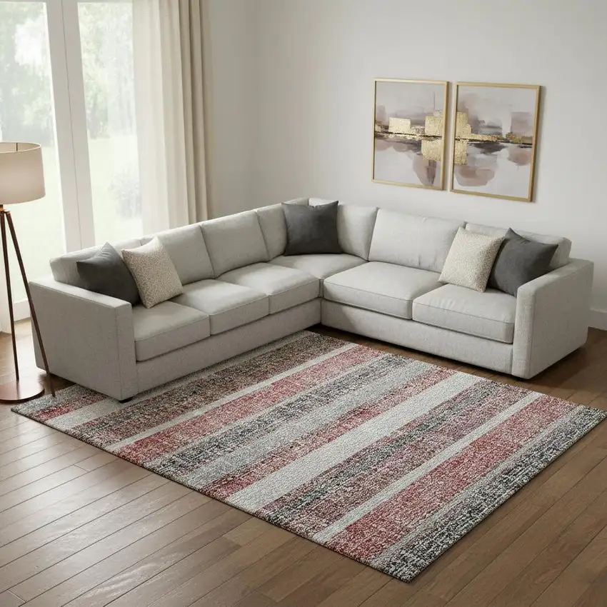 Burgundy And Gray Striped Washable Area Rug With UV Protection Photo 2