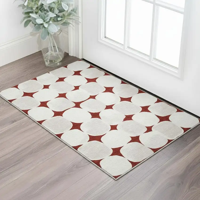 Burgundy And Ivory Abstract Geometric Washable Area Rug With UV Protection Photo 2