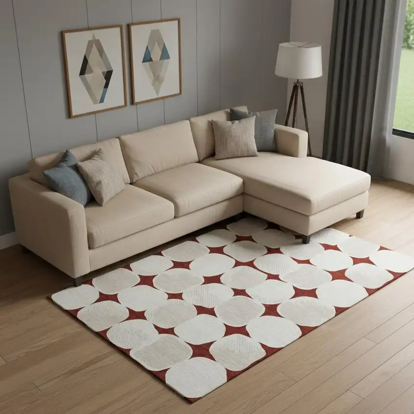 Burgundy And Ivory Abstract Geometric Washable Area Rug With UV Protection Photo 1