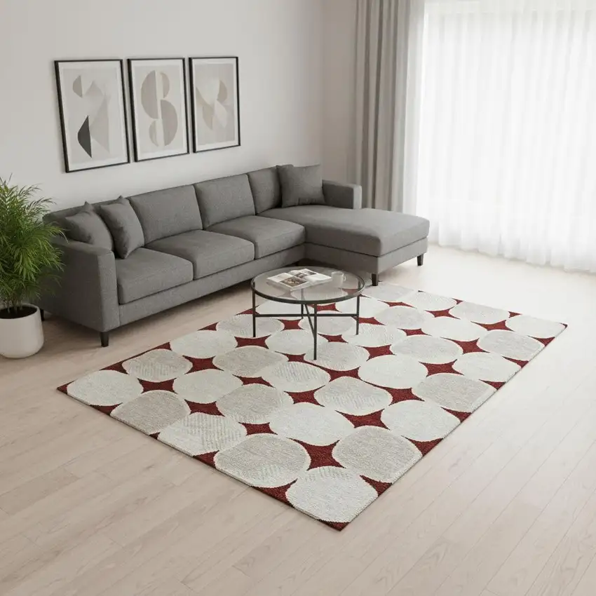 Burgundy And Ivory Abstract Geometric Washable Area Rug With UV Protection Photo 2
