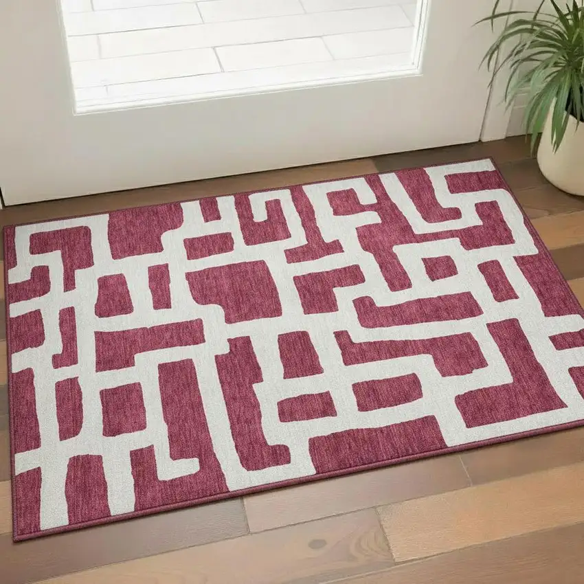 Burgundy And Ivory Abstract Geometric Washable Area Rug With UV Protection Photo 1