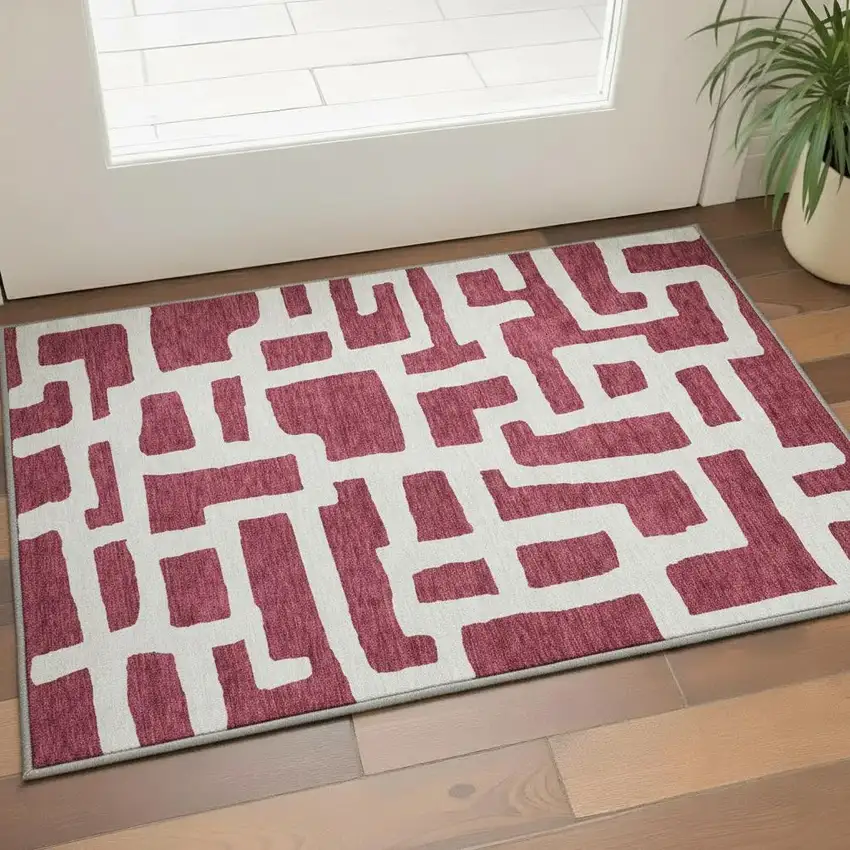Burgundy And Ivory Abstract Geometric Washable Area Rug With UV Protection Photo 2