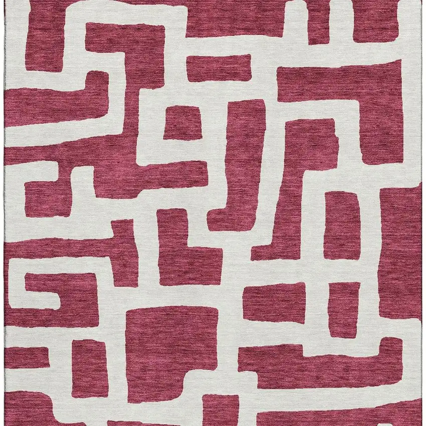 Burgundy And Ivory Abstract Geometric Washable Area Rug With UV Protection Photo 4