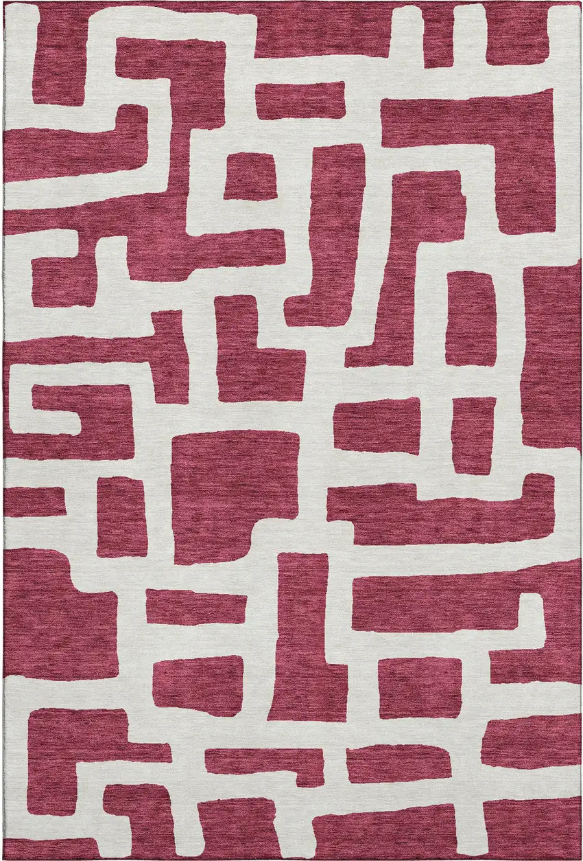 Burgundy And Ivory Abstract Geometric Washable Area Rug With UV Protection Photo 1