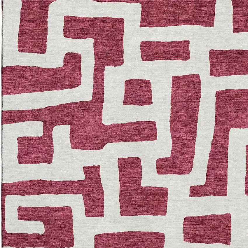 Burgundy And Ivory Abstract Geometric Washable Area Rug With UV Protection Photo 3