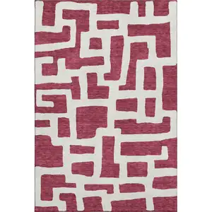 Photo of Burgundy And Ivory Abstract Geometric Washable Area Rug With UV Protection