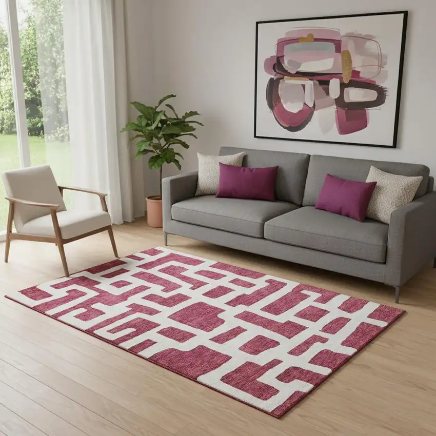 Burgundy And Ivory Abstract Geometric Washable Area Rug With UV Protection Photo 1