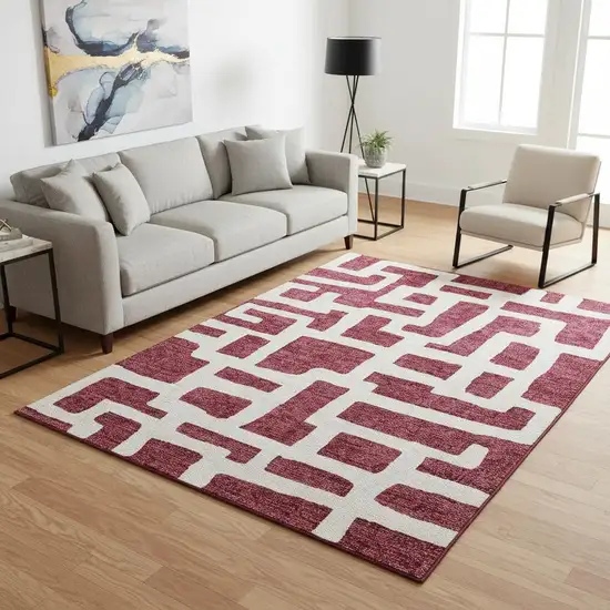 Burgundy And Ivory Abstract Geometric Washable Area Rug With UV Protection Photo 2