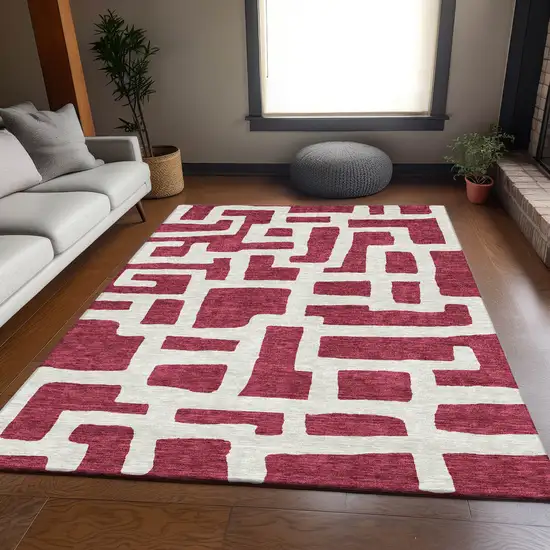 Burgundy And Ivory Abstract Geometric Washable Area Rug With UV Protection Photo 5