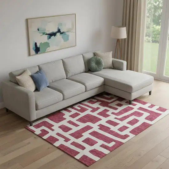 Burgundy And Ivory Abstract Geometric Washable Area Rug With UV Protection Photo 1