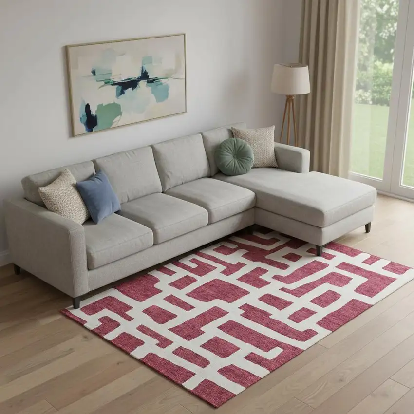 Burgundy And Ivory Abstract Geometric Washable Area Rug With UV Protection Photo 1