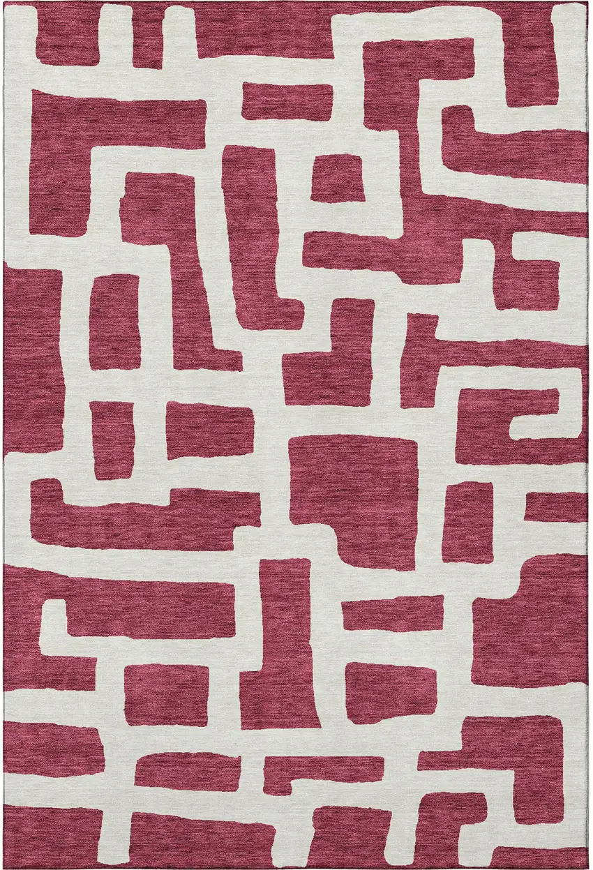Burgundy And Ivory Abstract Geometric Washable Area Rug With UV Protection Photo 3