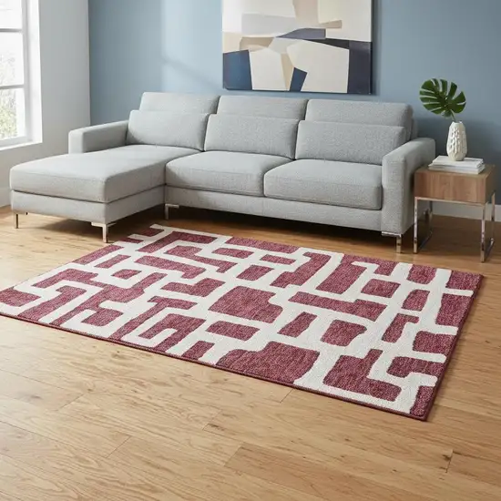 Burgundy And Ivory Abstract Geometric Washable Area Rug With UV Protection Photo 2