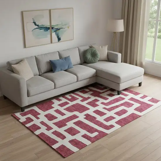 Burgundy And Ivory Abstract Geometric Washable Area Rug With UV Protection Photo 1