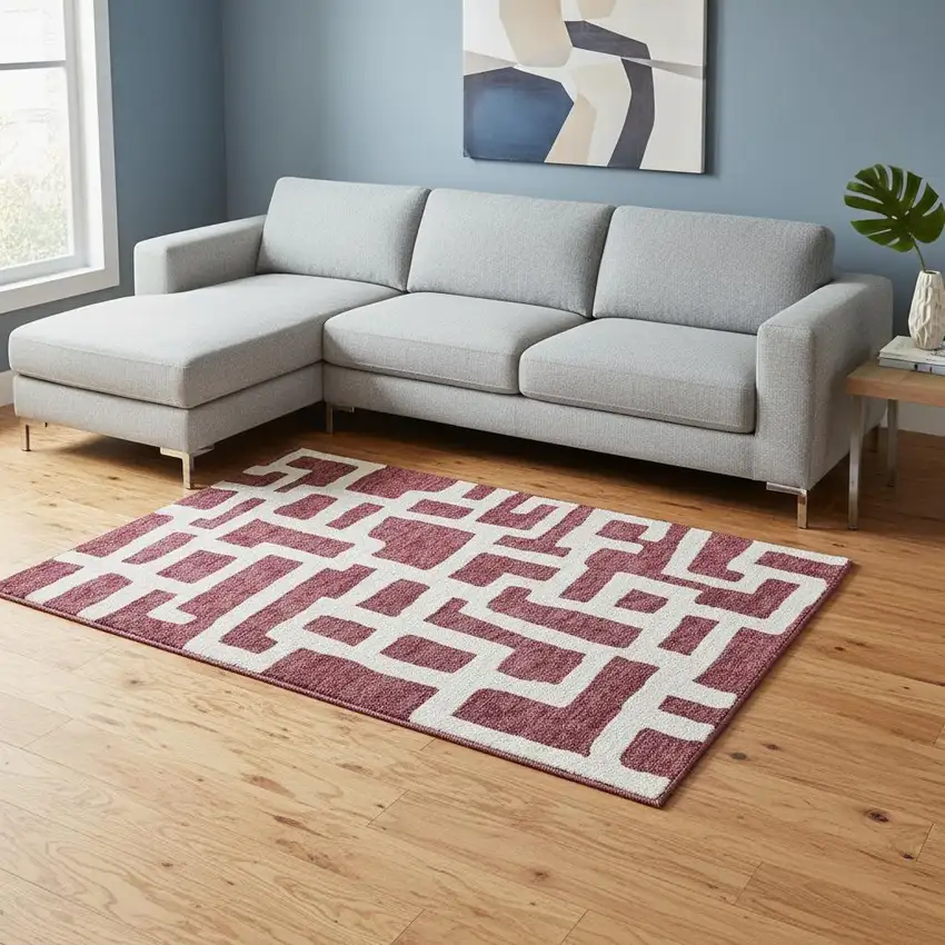Burgundy And Ivory Abstract Geometric Washable Area Rug With UV Protection Photo 2