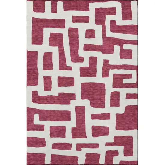 Burgundy And Ivory Abstract Geometric Washable Area Rug With UV Protection Photo 4