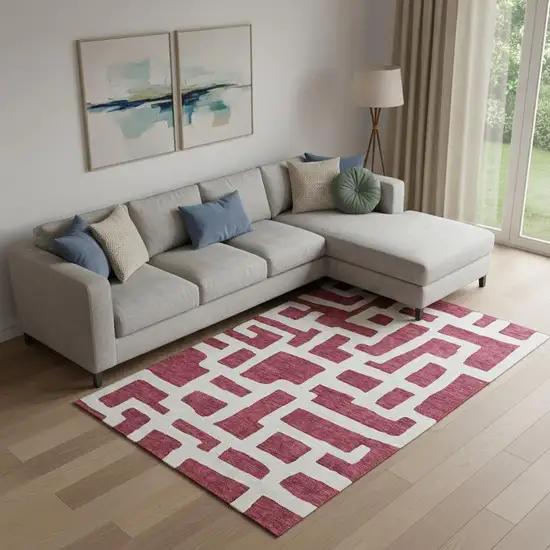 Burgundy And Ivory Abstract Geometric Washable Area Rug With UV Protection Photo 1