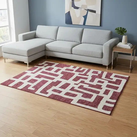 Burgundy And Ivory Abstract Geometric Washable Area Rug With UV Protection Photo 2