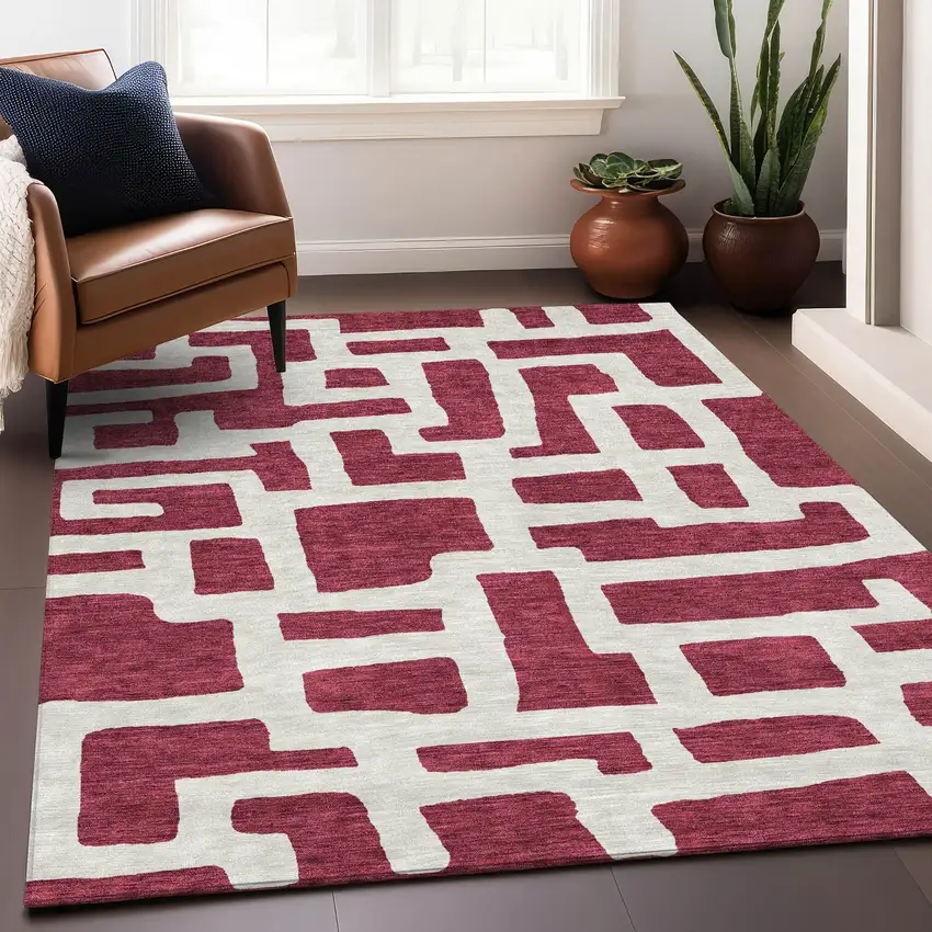 Burgundy And Ivory Abstract Geometric Washable Area Rug With UV Protection Photo 5