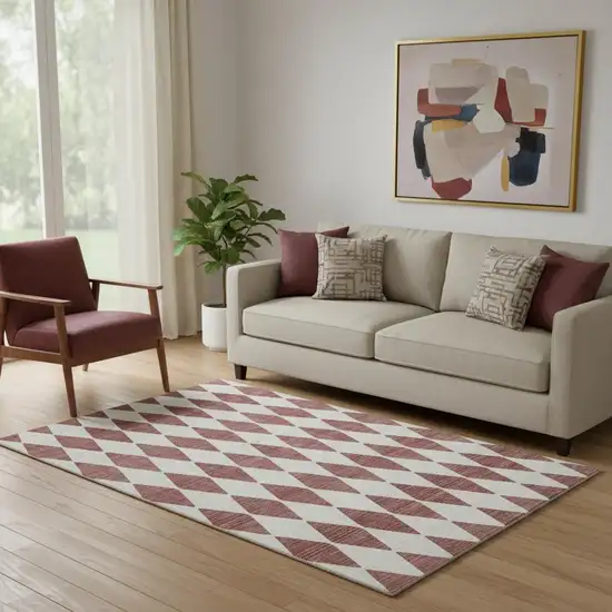 Burgundy And Ivory Diamond Washable Area Rug With UV Protection Photo 1