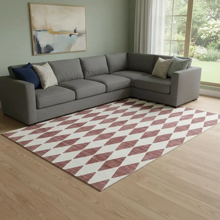 Burgundy And Ivory Diamond Washable Area Rug With UV Protection Photo 1