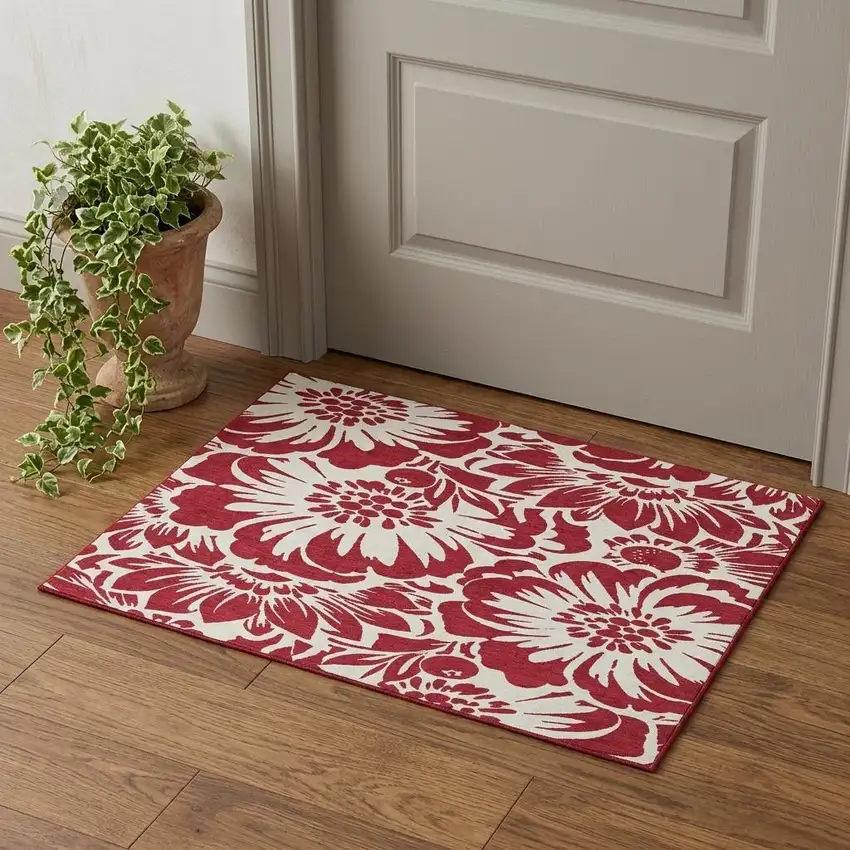 Burgundy And Ivory Floral Washable Area Rug With UV Protection Photo 1