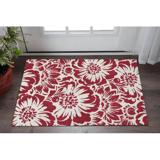 Burgundy And Ivory Floral Washable Area Rug With UV Protection Photo 2