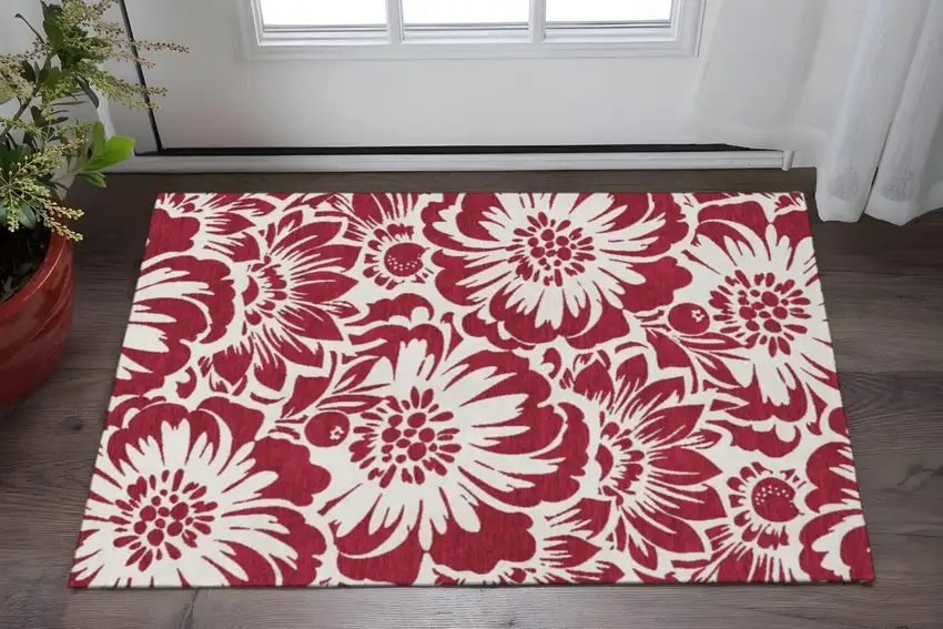 Burgundy And Ivory Floral Washable Area Rug With UV Protection Photo 2