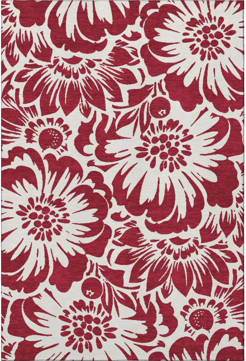 Burgundy And Ivory Floral Washable Area Rug With UV Protection Photo 4