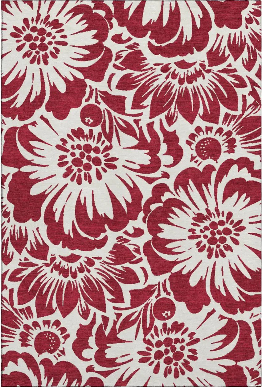 Burgundy And Ivory Floral Washable Area Rug With UV Protection Photo 1