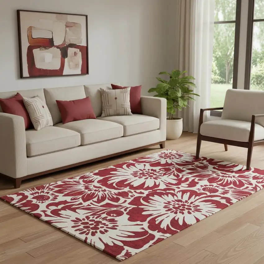 Burgundy And Ivory Floral Washable Area Rug With UV Protection Photo 1