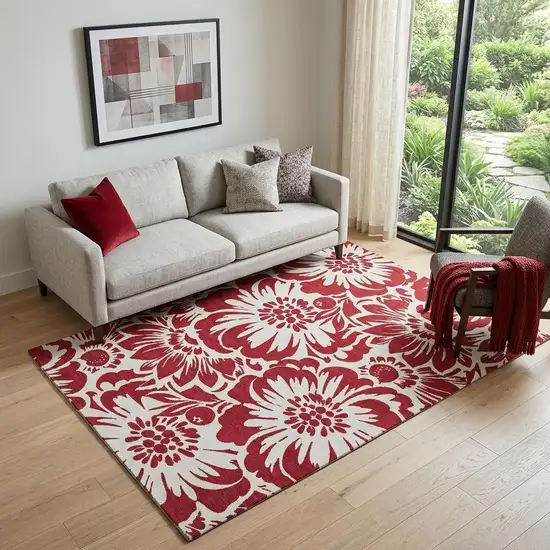 Burgundy And Ivory Floral Washable Area Rug With UV Protection Photo 1