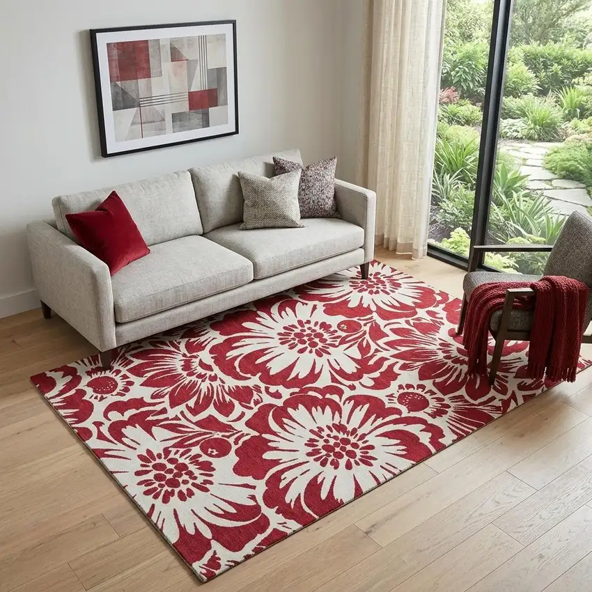 Burgundy And Ivory Floral Washable Area Rug With UV Protection Photo 1