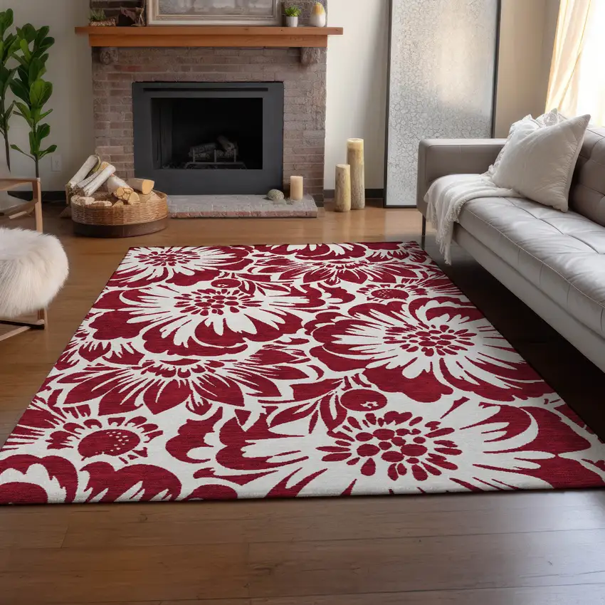 Burgundy And Ivory Floral Washable Area Rug With UV Protection Photo 6