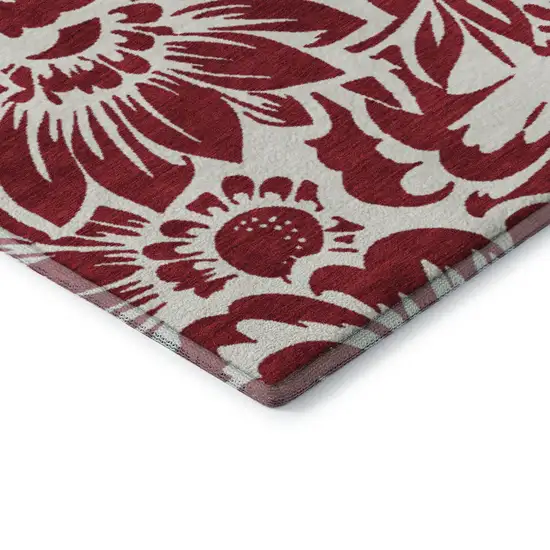 Burgundy And Ivory Floral Washable Area Rug With UV Protection Photo 8